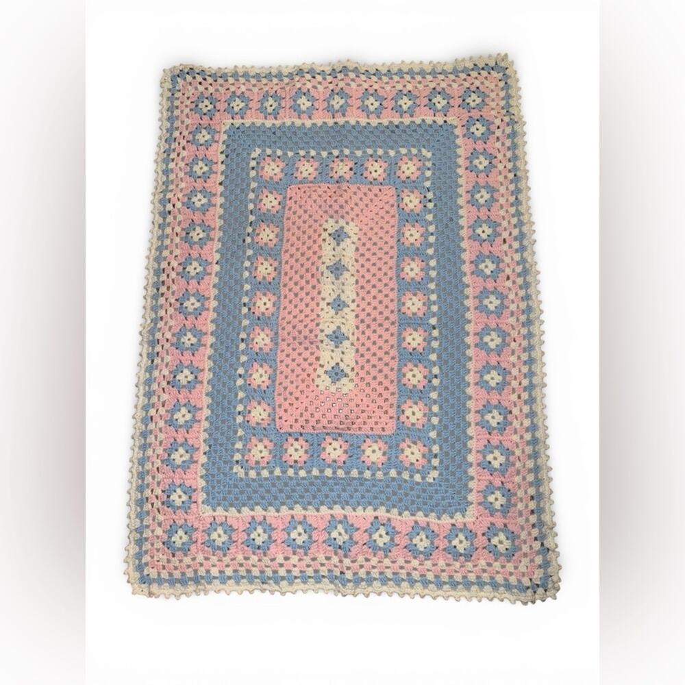 Vintage Crochet Granny Square Baby Blanket Pastel Throw for Home Decor